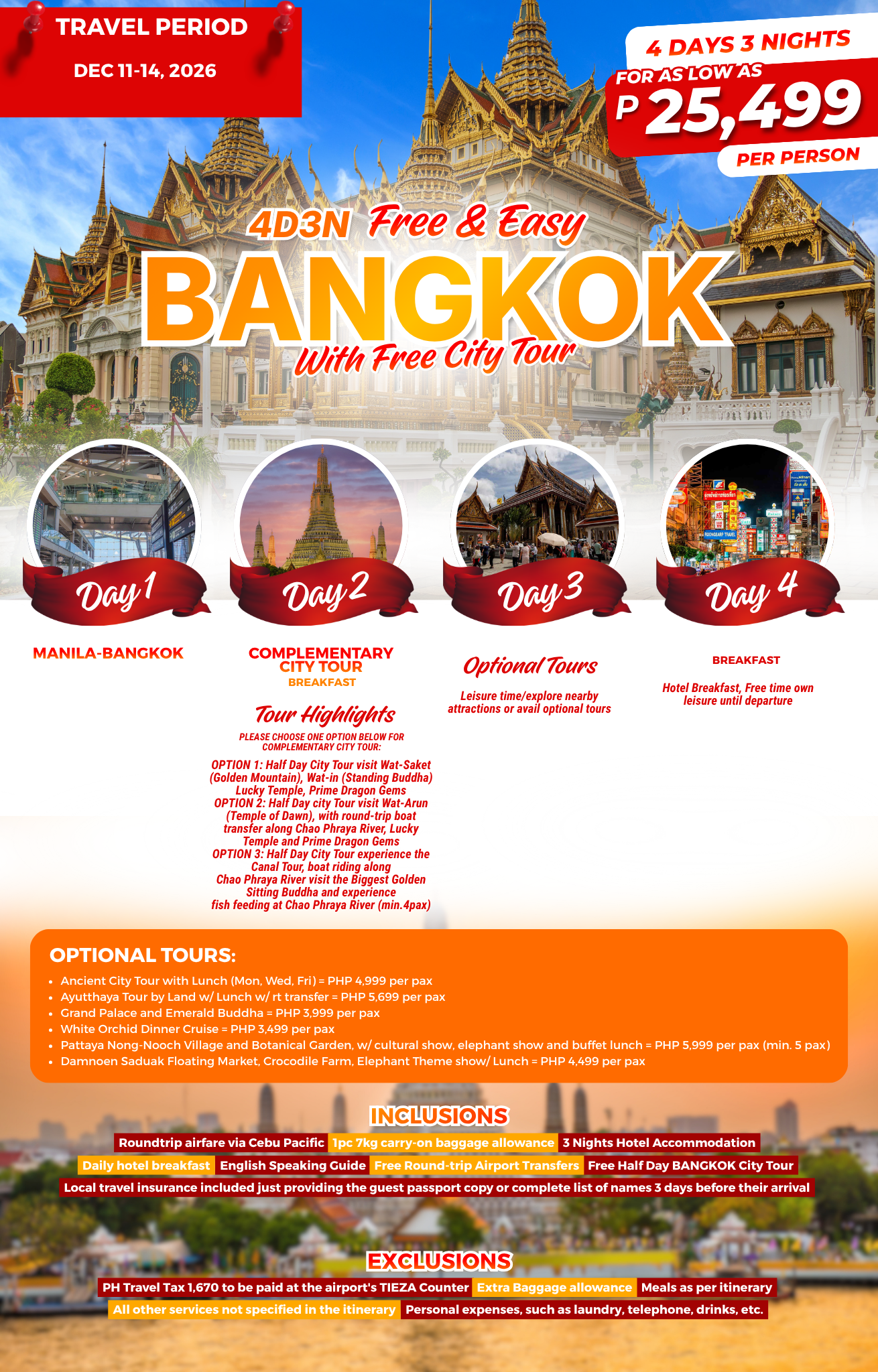 4D3N BANGKOK FREE AND EASY WITH FREE CITY TOUR (ALL IN)